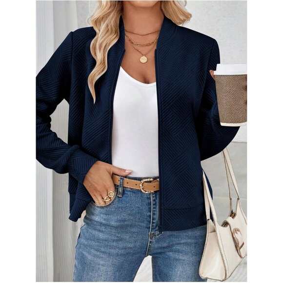 Women's Zip Up Bomber Jacket Casual Textured Long Sleeve Coat Fall Dark Blue - Picture 5 of 6